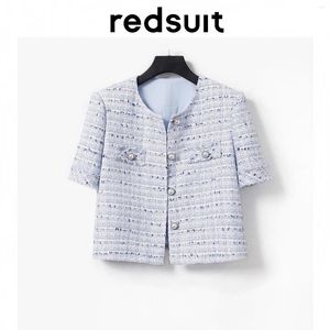 Vestes pour femmes simple boutonnage rayé mince col rond petit parfum été haut à manches courtes avec un manteau élégant