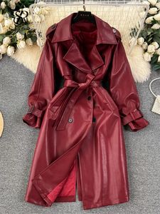 Vestes pour femmes Singrainy Automne Mode PU Cuir Dames Revers Cou Manches Longues Double Boutonnage Vintage Out Wear Manteau épais 231202