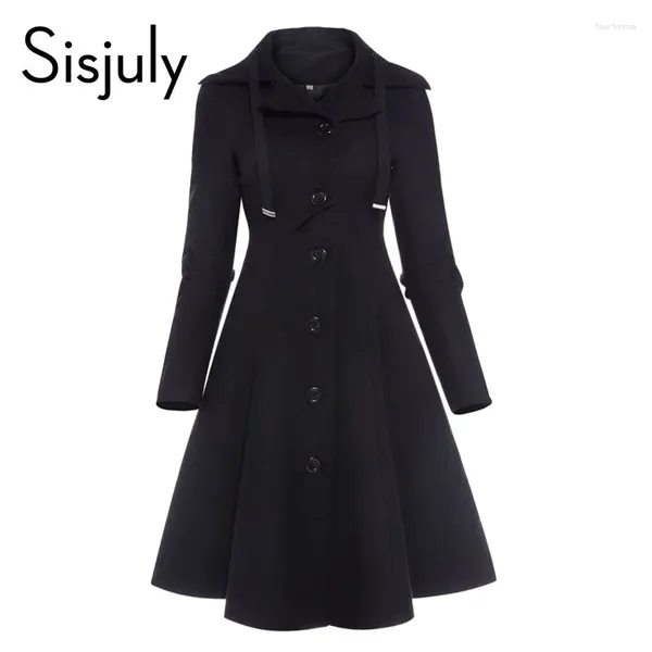 Chaquetas de mujer Sisjuly Mujeres Abrigo Lana Invierno Negro Vintage Gótico Slim Elegante Abrigo Casual Lace Up Long Retro Botón Femenino Trench