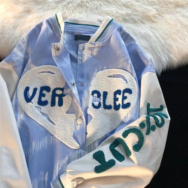 Chaquetas de mujer Sky Blue Color Block Lover Chaqueta de béisbol con estampado 3D Mujeres Kawaii Estética Abrigos de mezclilla Ropa exterior Moda coreana Streetwear T