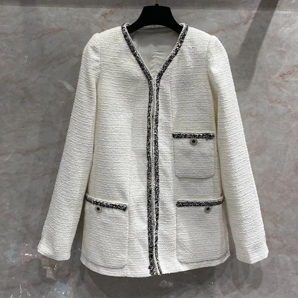 Vestes pour femmes Petit parfum trois poches blanc tweed manteau argenté du fil à contraste ruban moyen moyen de cardigan