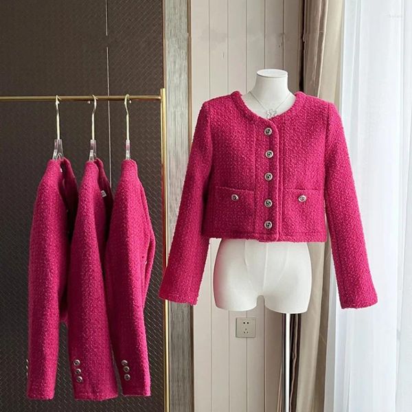 Chaquetas de mujer Pequeño Fragante Rosa Rojo Tejido Lana Tweed Croped Tops Otoño Invierno Mujeres Solo Pecho Manga Larga Vintage Abrigos Cortos