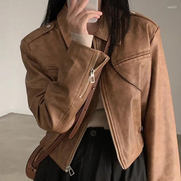 Vestes Femmes Solide Couleur Zipper Courte Veste En Cuir Femmes Crop Top Manteau Américain 2024 Spicy Girl Street Style Moto Casual