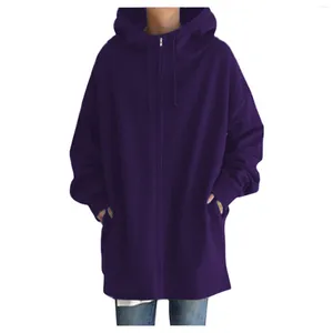 Damesjassen Solid Color Zippered Hooded Longline Fleece Lined Streetwear Pullover Jacket met zak