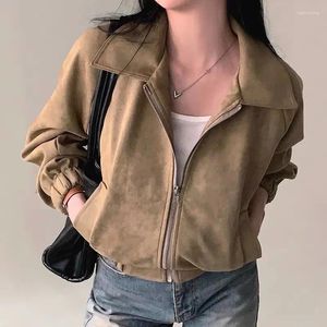 Damesjassen Zuid-Korea Chic Autumn Franse Sle Retro revers rasper Suede los all-match lange mouw crop jas Outerwear