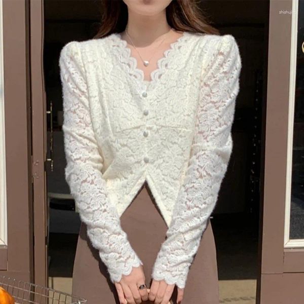 Vestes Femmes Corée du Sud Chic Automne Français Tempérament V-Col Dentelle Crochet Fleur Design Sens Lâche 100 Chemise À Manches Longues Chemisier Femme