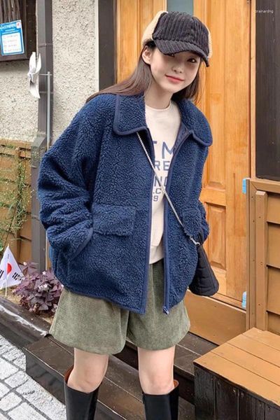 Chaquetas de mujer Corea del Sur Chic pequeño Retro solapa dos bolsillos cremallera suelta engrosamiento imitación lana de cordero abrigo corto de algodón