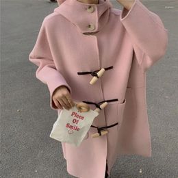 Vestes pour femmes Corée du Sud Chic Manteau d'hiver en laine Senior Sense Boucle en corne Col haut Moyen Long Version propre à capuche épaisse