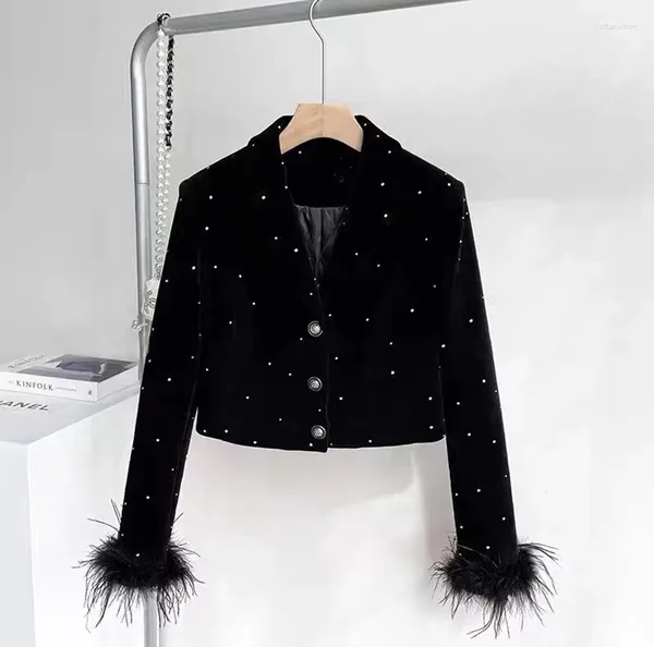 Chaquetas de mujer con diamantes brillantes, abrigo corto negro de piel sintética de avestruz, chaqueta elegante de terciopelo con tachuelas de diamantes, Top coreano