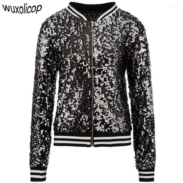 Chaquetas de mujer Sparkly Otoño Mujeres Lentejuelas Bomber Chaqueta Casual Manga larga Frontal Zip Up Abrigo con puños acanalados Fiesta Festival Disfraces