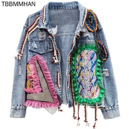 Damesjassen Lente en Herfst Kralen Tassel Bandage Splicing Gaas Net Vintage Cowboy Short Jeans Jas Mode Demin Jacket