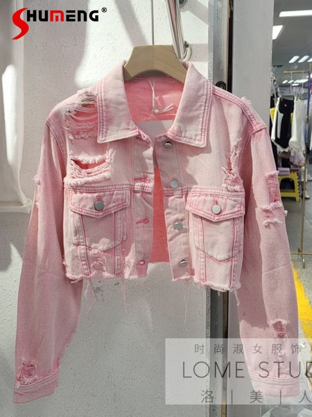 Vestes pour femmes Printemps et automne déchiré effiloché rose Denim veste femmes lâche taille haute jean court manteau pour vêtements d'extérieur Streetwear 230427