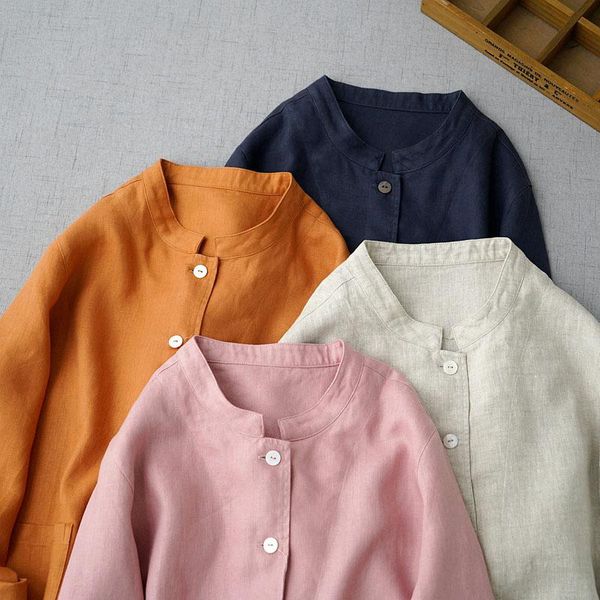 Chaquetas de mujer primavera otoño llegadas mujeres todo-fósforo suelta de talla grande estilo japonés breve cómodo fino abrigos de lino