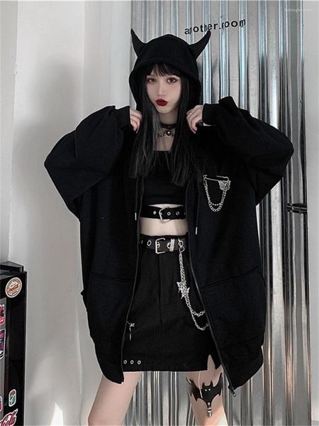 Vestes pour femmes Printemps Automne Harajuku Gothique Black Devil Horn Sweats à capuche pour femme Emo Y2K BF Manteau Punk Kawaii Veste Japonais Hip Outerwear