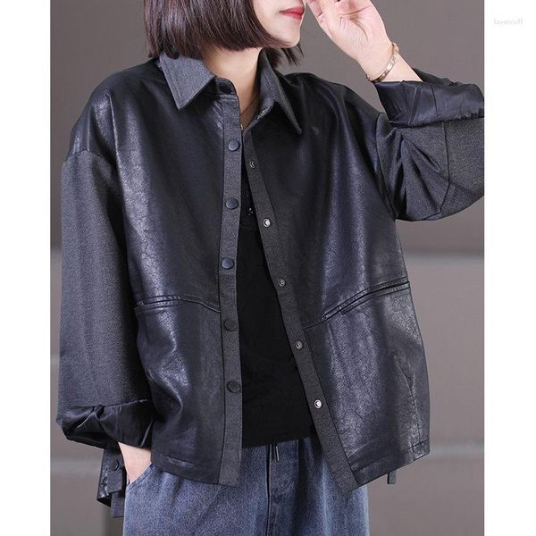 Chaquetas de mujer, chaqueta de primavera otoño 2023, versión coreana, abrigo corto de cuero empalmado de punto con borde de oreja de arte de talla grande holgado Z2341