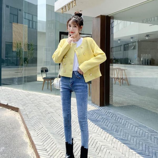 Chaquetas de mujer primavera otoño coreano doble botonadura Tweed chaqueta amarillo elegante bolsillo diseño abrigo Top Casaco Outwear E135Women