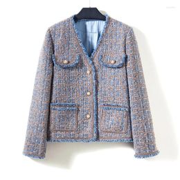 Vestes pour femmes printemps automne Style coréen Chic haute qualité bleu Plaid col en v poches en Tweed manteau court F130