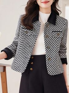 Vestes Femmes Printemps Automne Revers À Manches Longues Tweed Veste Manteaux Femmes Slim Stripe Simple Boutonnage Tops Femme Élégant Bureau Travail Manteau