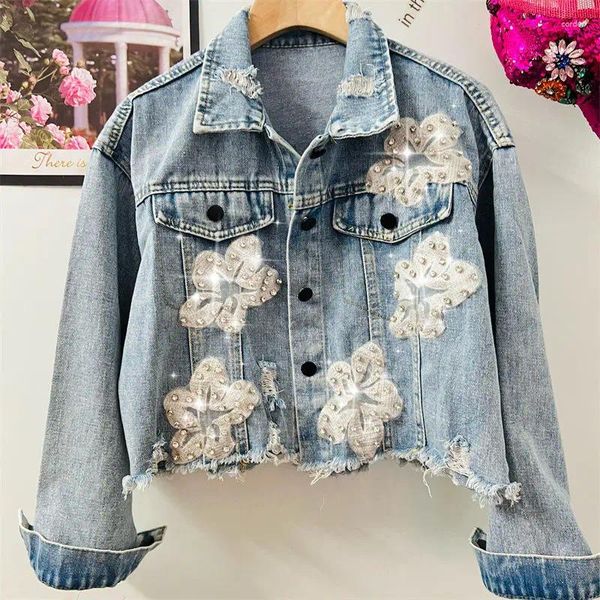 Chaquetas para mujeres primavera otoño lujo mujer bordado floral chaqueta de mezclilla diamantes flores de diamantes jeans bombardero abrigo vaquero cárdigan