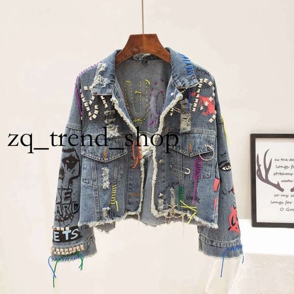 Vestes pour femmes printemps automne nouveau femme street fashion graffiti jeste denim personnalité féminine courte courte crue rivet frange jean manteau 498