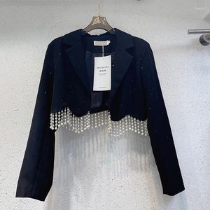 Vestes pour femmes Printemps Automne Perles Perles Glands Bord Court Noir Costume Manteau Paillettes Irrégulières OL Blazers Cardigan À Franges Crop Tops