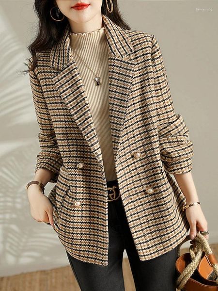 Chaquetas de mujer Primavera Otoño Runway Houndstooth Botones de perlas Blazer Traje Mujeres con muescas Chaqueta de un solo pecho Outwear Oficina OL Abrigo