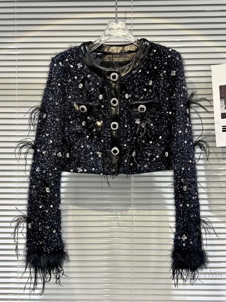 Chaquetas de mujer Primavera Otoño Abrigo corto elegante para mujer Estilo clásico con cuentas Felpa Tweed Abrigos de piel de avestruz Oficina de fiesta de lujo ligera