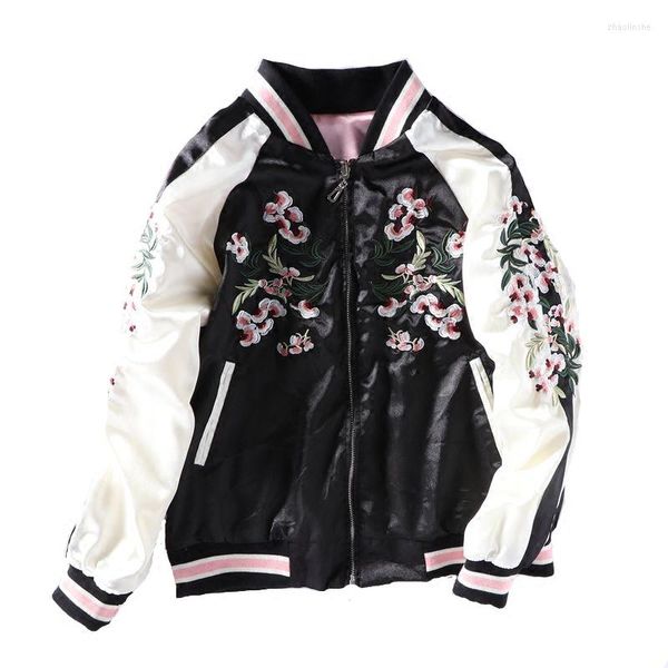 Chaquetas de mujer primavera otoño suave mujer flor de cerezo Cerasus flores bordadas dos lados abrigos de béisbol Yokosuka