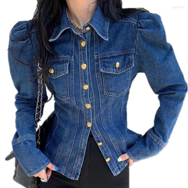 Vestes pour femmes printemps automne Vintage Slim manches bouffantes veste en jean haut pour femme damesoutwear simple boutonnage