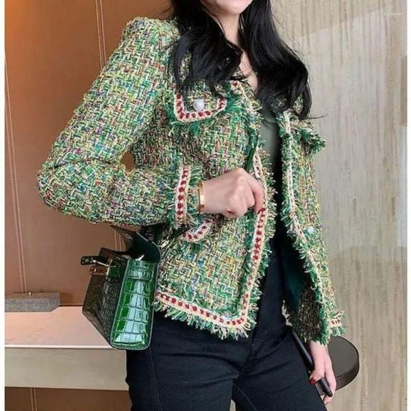 Chaquetas de mujer Primavera Otoño Invierno Chaqueta verde dorada Mujeres Top Ladies Weaving Slim Short Coat Tweed Ropa