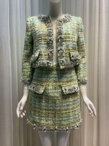 Damesjassen Spring Autumn Dames Hoge kwaliteit Diamanten O-Neck Plaid Tweed Short Coat F187
