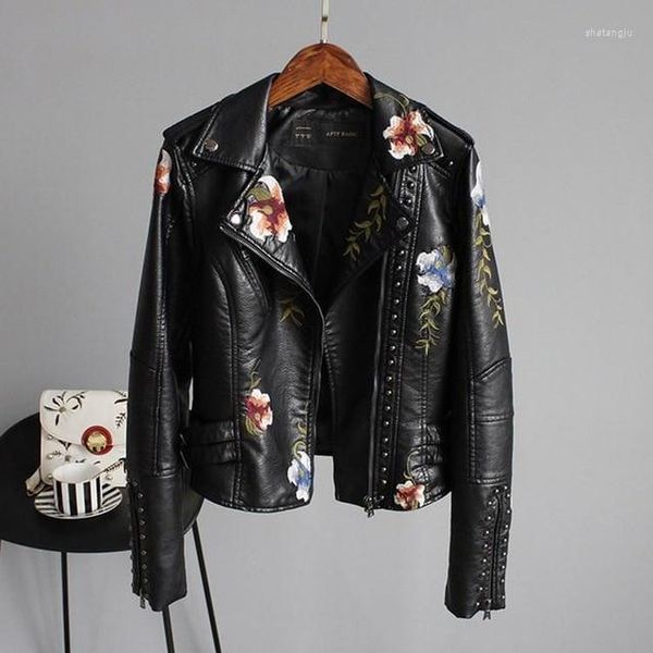 Chaquetas de mujer Primavera Otoño Mujer Biker Chaqueta de cuero Estampado floral Bordado Pu Cuello vuelto Cremallera