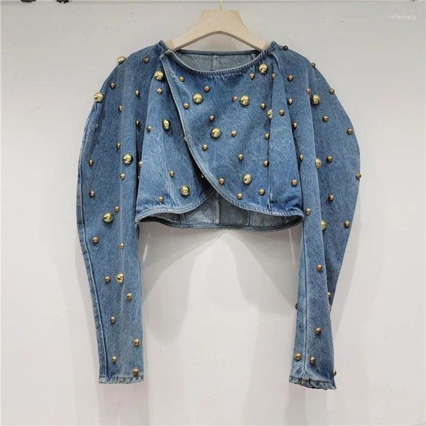 Vestes Femmes Printemps Automne Femmes Rivets Longue Lanterne Manches Denim Manteau Court Perles Perles Jeans Bomber Veste Cowboy Cardigan Tops 2024