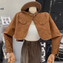 Jaquetas femininas primavera outono mulheres magro casaco curto cáqui cinza streetwear moda gola single-breasted manga longa feminino motociclista