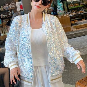 Vestes pour femmes printemps automne femmes blanc rose paillettes Bomber veste fermeture éclair à manches longues uniforme de Baseball