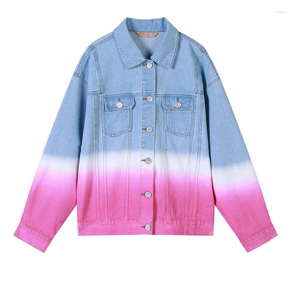 Vestes pour femmes printemps basique veste en jean femmes Bomber manteau 2023 court lâche rose dégradé contraste couleur Chaqueta grande taille vêtements d'extérieur HJ191