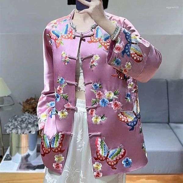 Vestes pour femmes printemps chinois o-cou acétate tissu top top papillon brodé veste à poitrine simple s-xxl