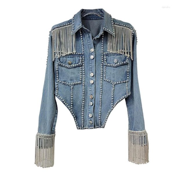 Vestes Femme Printemps Denim Diamants Franges Chaîne Jeans Manteau Femme Strass Glands Rivets Bomber Veste Cardigan Cristal Streetwear