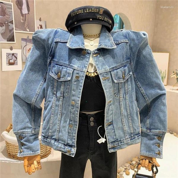 Vestes Femmes Printemps Automne 2024 Mode Vintage Bleu Denim Veste Chic Rétro Manches Longues Puff Basic Outwear Street Style Lâche Casual Manteau