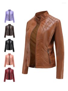 Damesjassen lente herfst mode pu lederen jassen staan ​​kraag zipper motocycle slank fit massieve kleur eenvoudige casual basic tops