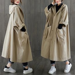 Damesjassen Lente Herfst Oversized Dames Eenvoudig lang vest Capuchon Zwart Kaki Informeel Losse zakken Geul Vleermuismouwen Stijlvolle midi-jas 231025