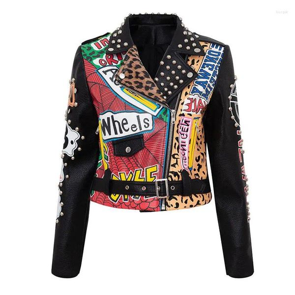 Chaquetas de mujer Primavera Chaqueta de cuero de imitación Mujeres Leopardo Punk Estilo Cráneo Remache y cadena Motor de cintura alta