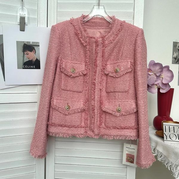 Jackets para mujeres Jacket de primavera Mujeres 2024 Fragancia francesa Tweed suave Tweed Pink Tassel Redondeo redondo abrigo corto Ropa para mujeres