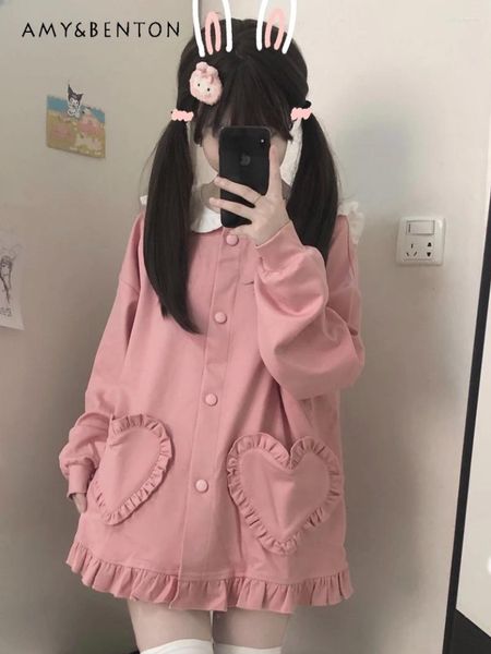 Chaquetas para mujeres primavera japonesa kawaii orejas marinero collar dulce rosa dulce para mujeres suelto todo combate diario lolita lolita