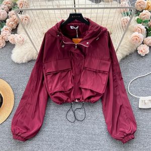 Vestes Femmes Printemps Lâche Capuche Grande Poche À Manches Longues Cordon Hem Femmes Veste Courte Vin Rouge Blanc Kaki Noir Casual Femme Manteau