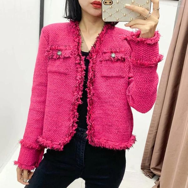 Chaquetas de mujer primavera Rosa rojo Tweed abrigo cuello redondo manga larga borla otoño chaqueta elegante Vintage prendas de vestir bolsillos 2024