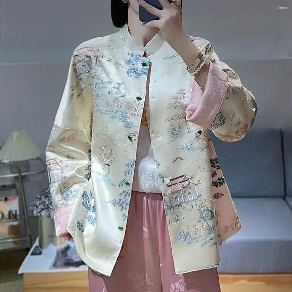 Vestes pour femmes pavillons de style printemps broderie acétate chinois saut collier veste contraste de contraste couleurs top s-xxl