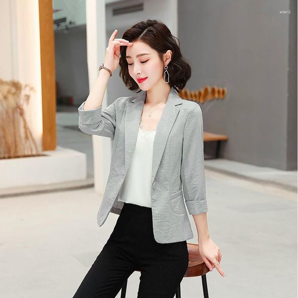 Chaquetas de mujer Primavera Verano Coreano Algodón Lino Blazers Mujer Slim Thin Blazer Negro Tamaño grande Ropa de trabajo Abrigo con un solo botón J238