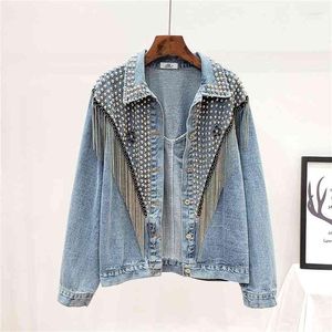 Vestes Femmes Printemps Été Femme Denim Manteau Perles Rivet Vintage Style Boyfriend Veste Femme Chic Mode À Manches Longues