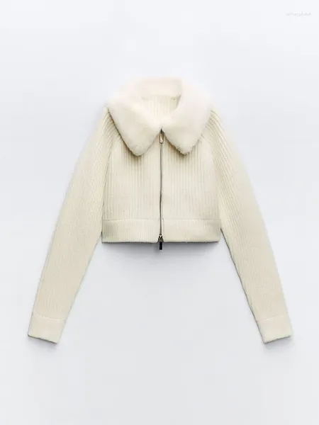 Vestes pour femmes printemps plus chaud fausse fourrure col à revers tricot Cardigan veste fermeture éclair manches longues blanc pull manteau femme